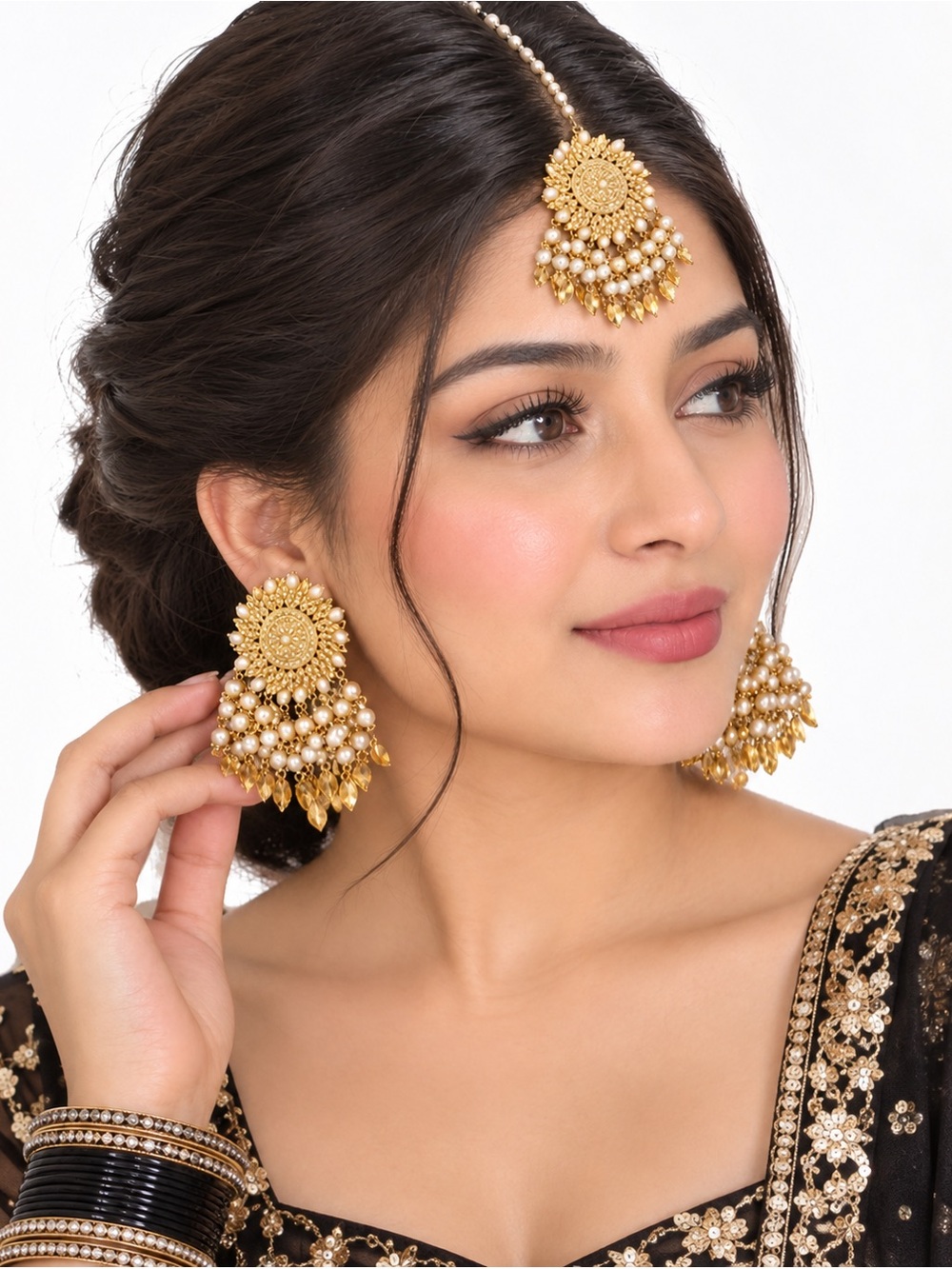 Gold Pearl Jhumka Earrings and Maang Tikka Set - Elegant Indian partywear Jewelr